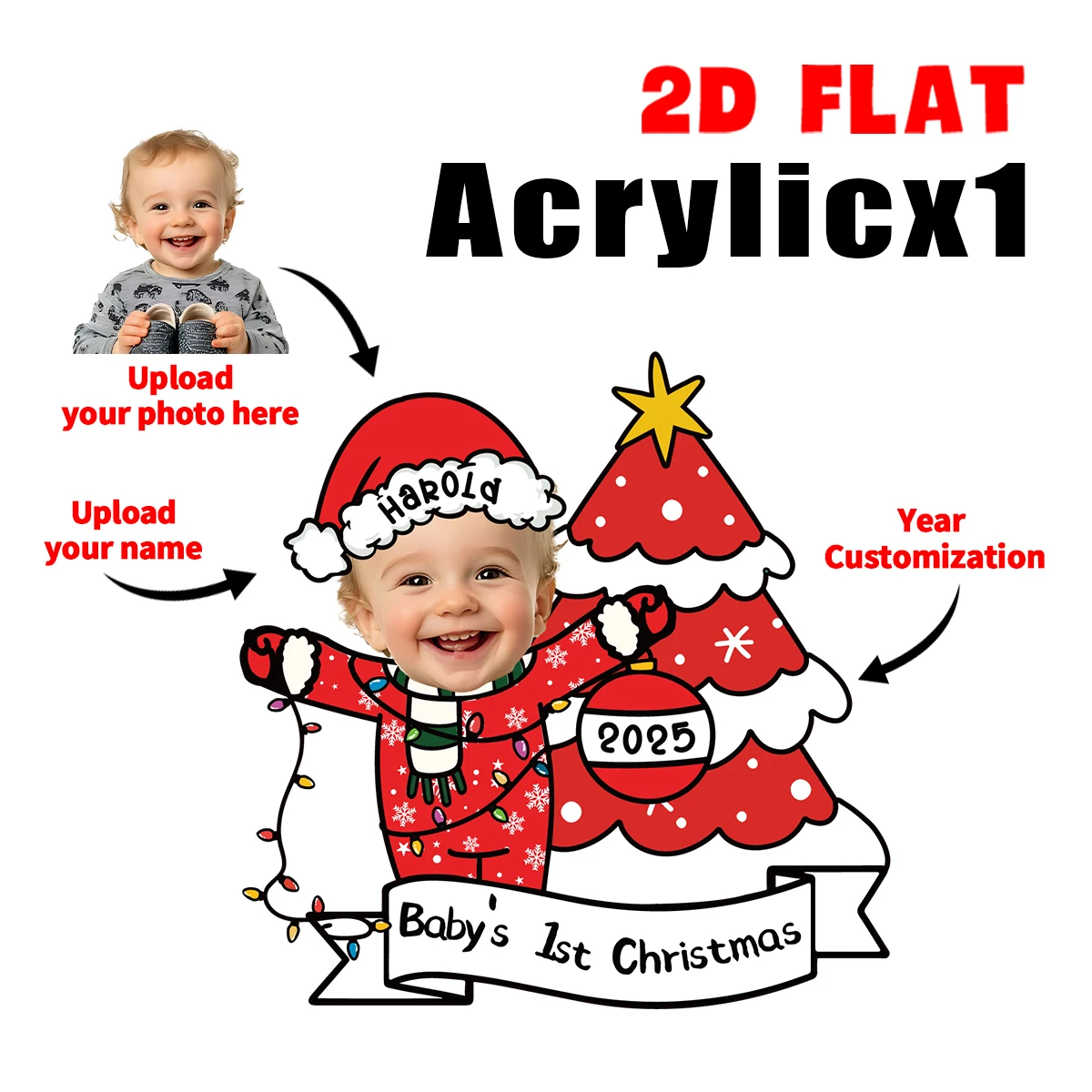 1pc Custom Baby 1st Christmas Acrylic Ornament,Personalized Face,Name,Time,Newborn Baby Keepsake Gifts,Home Xmas Hanging Plaque