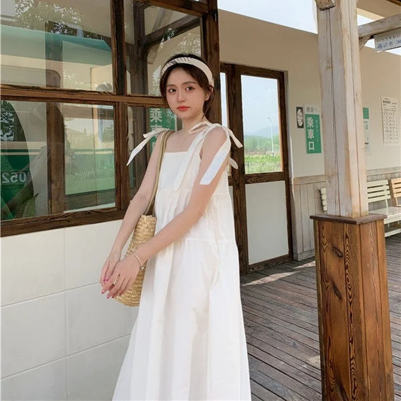 Sleeveless Dress Women Pure Color Maxi Bandage Preppy Sweet Simple Loose-waist College Leisure Korean Style Fashion Summer Ins