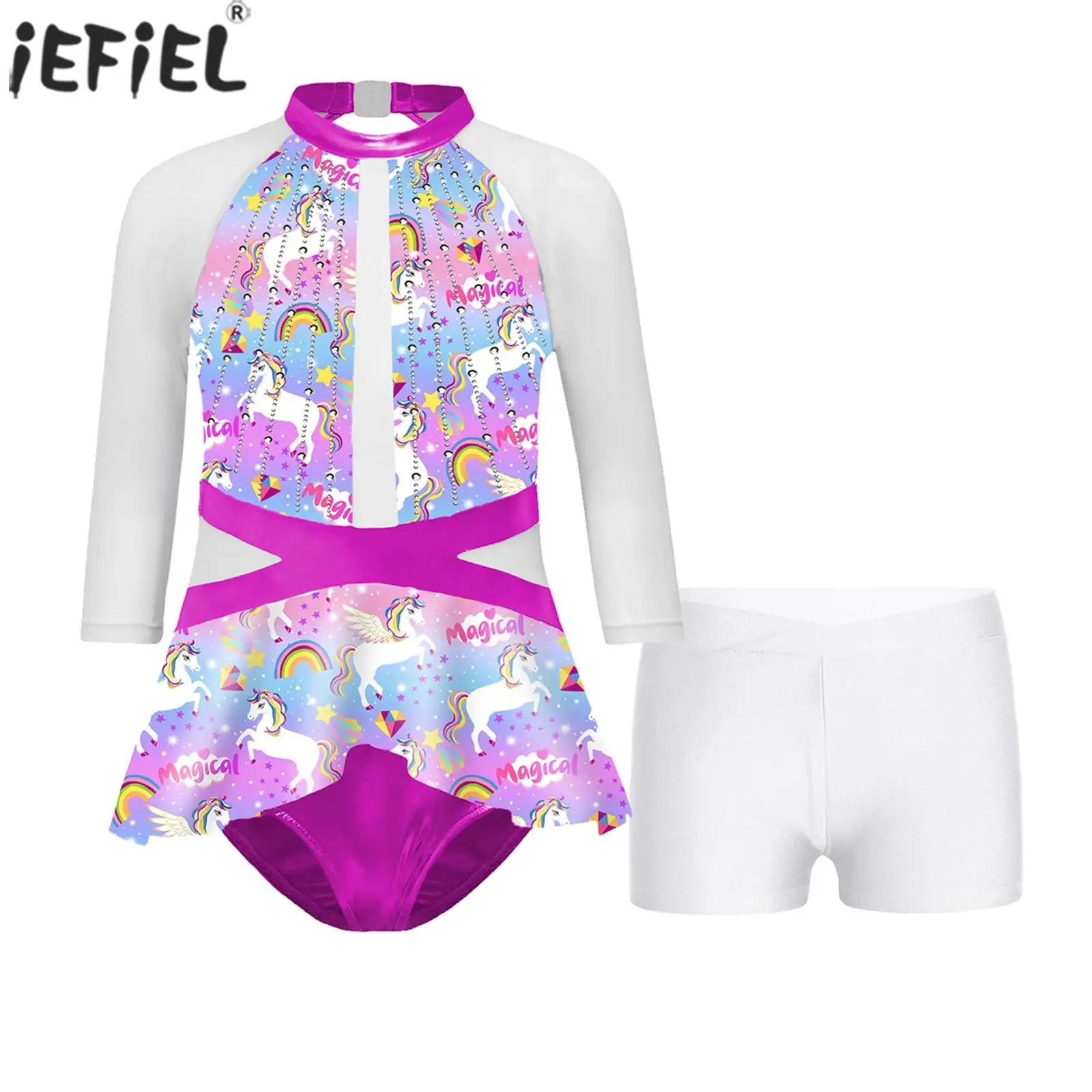 Kids Girls Ballet Dance Leotard Outfits Figure Skating Gymnastics Performance Dancewear Sleeveless Printed Bodysuit with Shorts