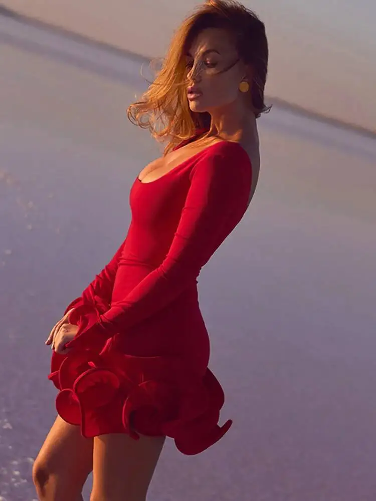 JULISSA MO Sexy Square Collar Ruffle Mini Dress Women Red Backless Long Sleeve Dress Autumn Skinny Elegant Party Club Dress 2025