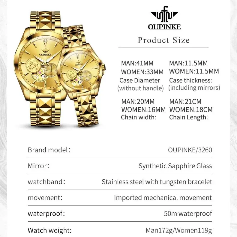 OUPINKE 3260 Real Gold Watch for Men Women Dragon Watch Phoenix Watch Tungsten steel Sapphire Waterproof Luminous Couple Watches