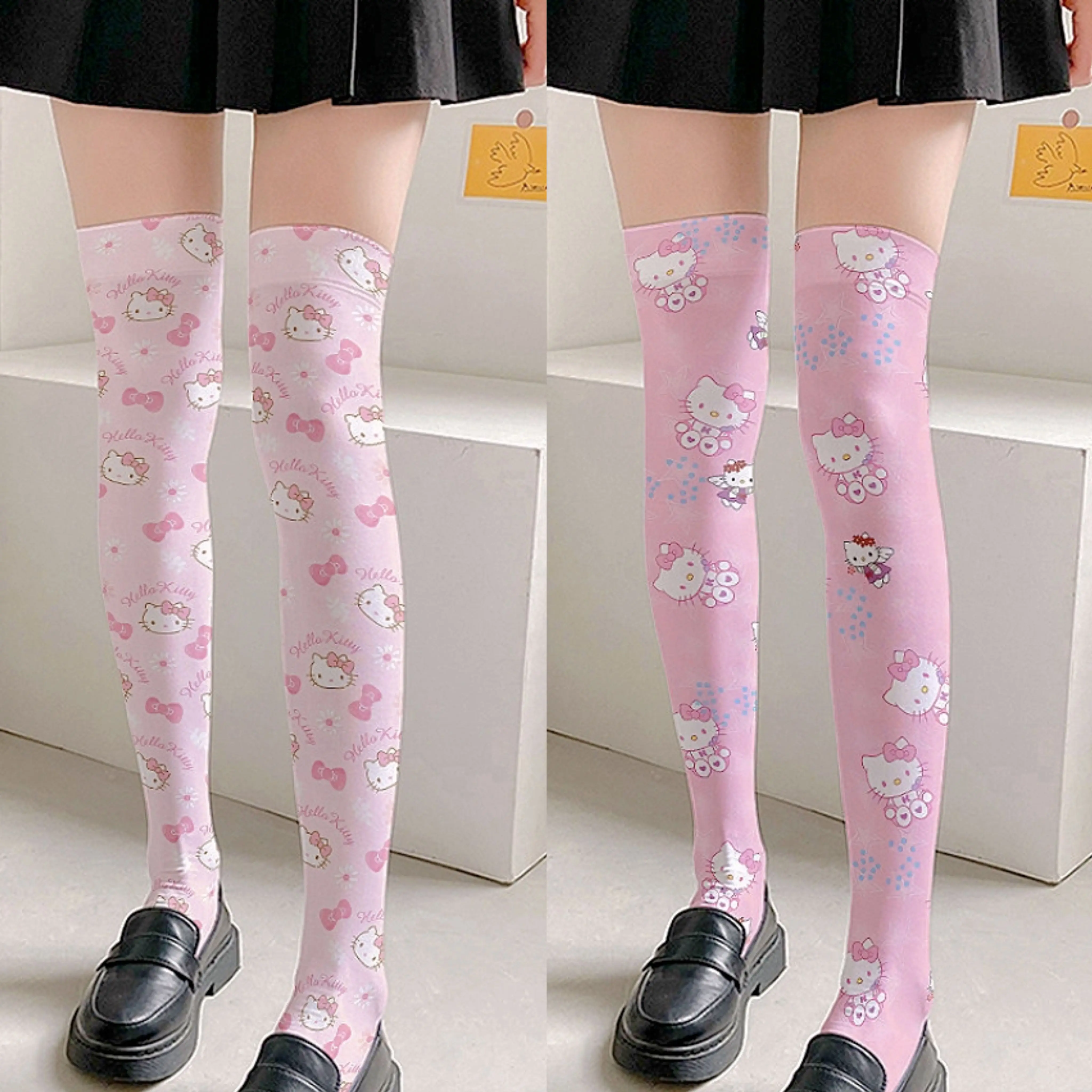 

Summer Pink Hello Kitty Girl Stockings Thin Lolita Cute Card Through Knee Leggings