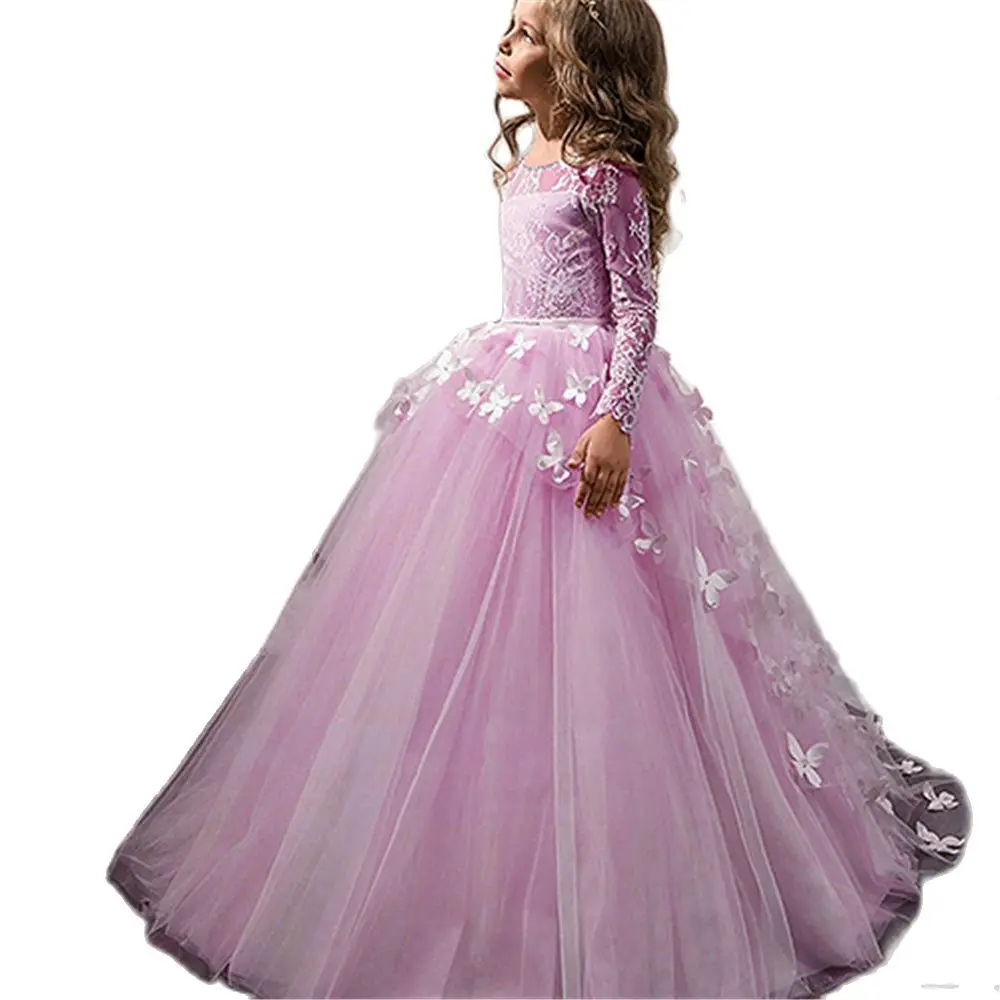 

Fancy Flower Baby Girl Dress Child Long Sleeves Butterfly Pink Mesh Ball Gowns Kids Holy Communion Dresses 1-14 Year Old