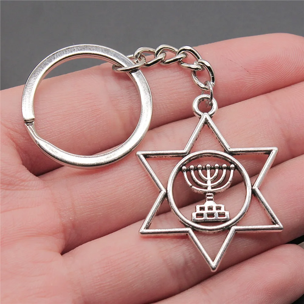 Vintage Silver Color Candlestick Star Of David Menorah Keychain Women Men Hanukkah Religious Jewish Key Ring Jewelry Party Gift