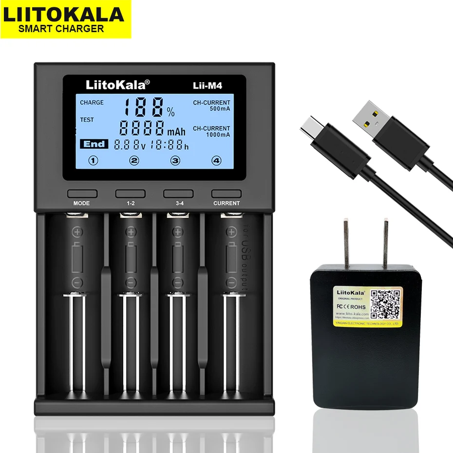 LiitoKala Lii-M4 18650 Charger LCD Display Universal Smart Charger Test Capacity 26650 18650 21700 AA AAA Battery 4slot 5V 2A