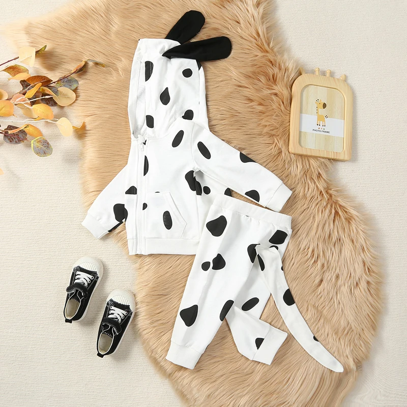 Baby Girls Boys Speckle Print Costume Long Sleeve Zip Up Hoodie with Ears Tail Pant Set Infant Outfits Sweatpants Clothes Set image 4