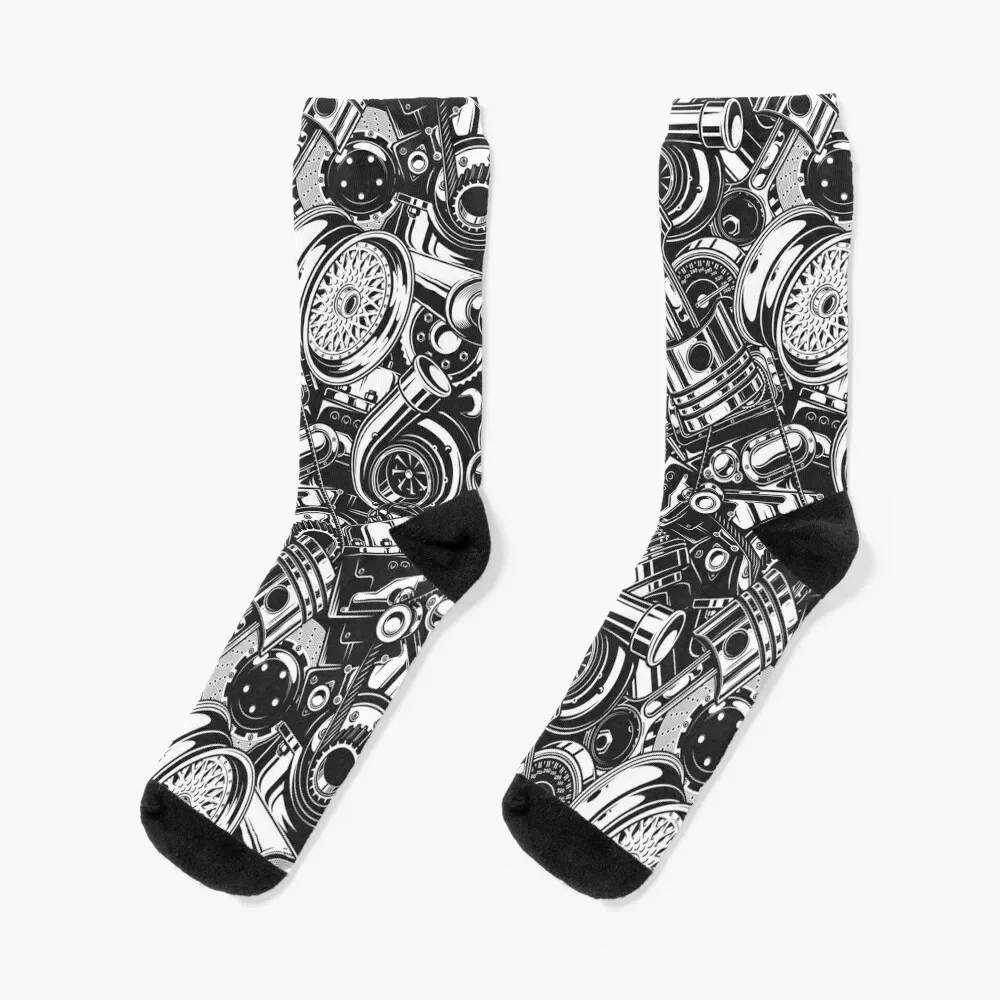 Automobile Spare Parts - Car Engine, Piston and Wheels - Petrol Head Auto Garage Art Socks designer brand Socks Men's Women's