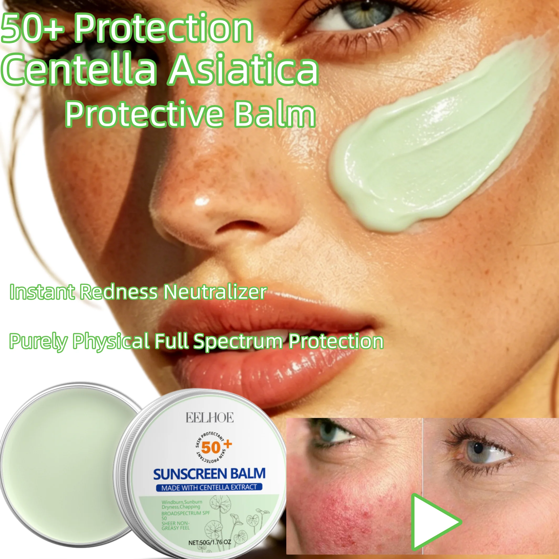 Centella Asiatica Protective Balm 50+,Pure Physical Full Spectrum Protection,Rapid Barrier Rescue,Oil Control, Anti Blemish & Post Acne Mark Fading,Instant Redness Neutralizer,Daily Sun Shield & Primer,Deep Cellular Hydration,Clean Beauty & Vegan