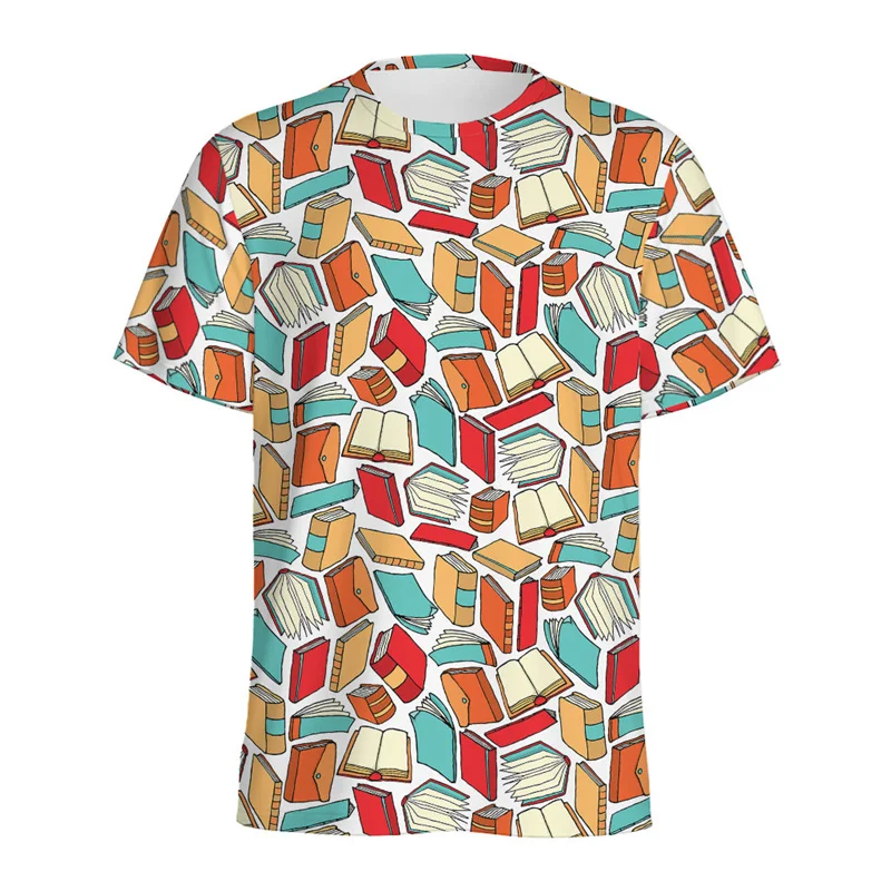 Colorful Cartoon Book Pattern T-shirt For Men Round Neck Short Sleeves 3D Printed Bookshelf Library T Shirts Summer Kids Tees