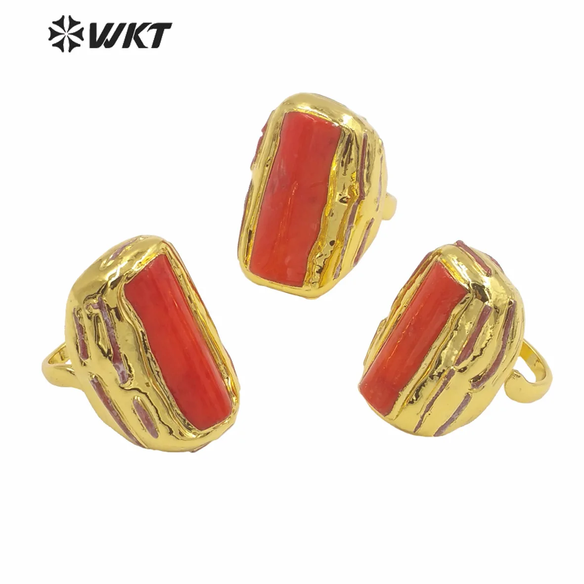 

WT-MPR059 Wholesale New Gorgeous 18K Real Gold Plated Chunky Natural Red Coral Women Ring For Anniversary Gift 10PCS