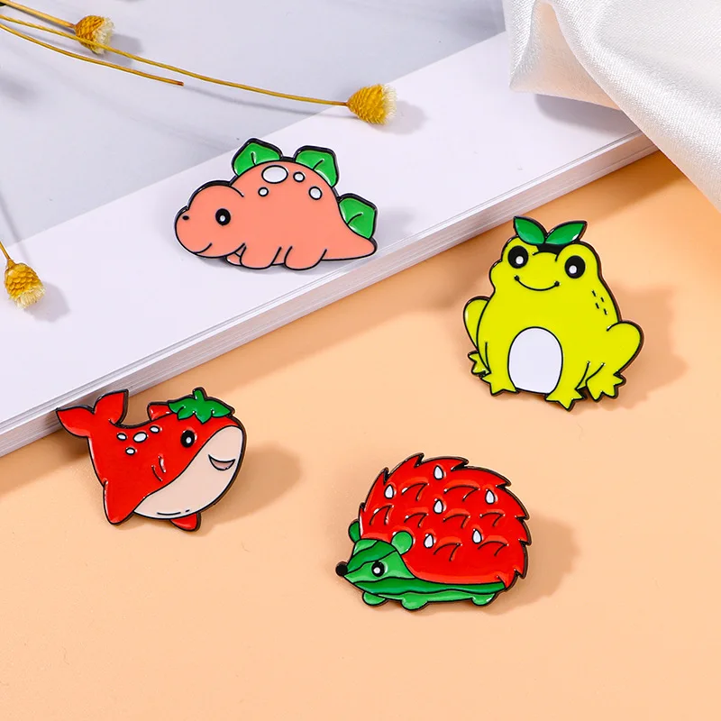 Cartoon Animal Fruit Brooches Cute Watermelon Tomato Shark Frog Dinosaur Zinc Alloy Badges for Clothes Bags Hat T-shirt Jeans view 3