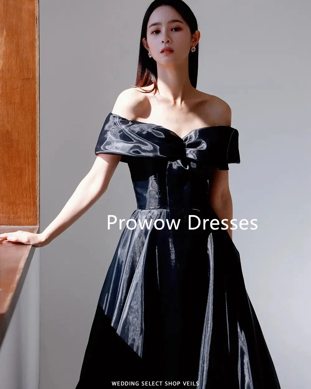 

Prowow Simple Ivory Black A Line Wedding Dress Korea Photoshoot Off Shoulder Bridal Gown Floor Length Pleats Organza Customized