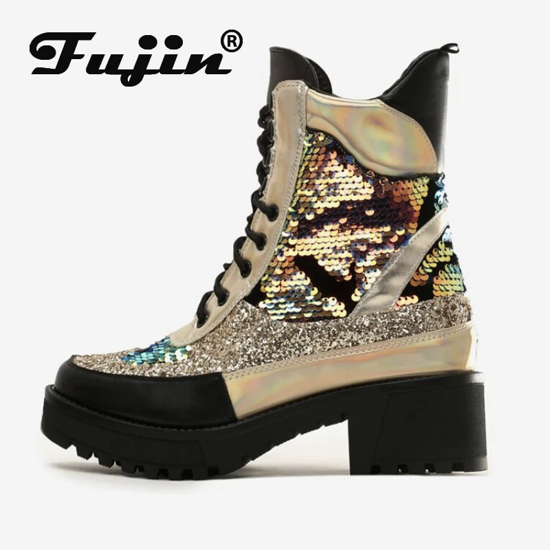 Fujin Winter Boots 2024 Platform Square Heel Shoes Bling Bling Ankle Boots for Women Winter Autumn Shoes Lace Up Booties Casual