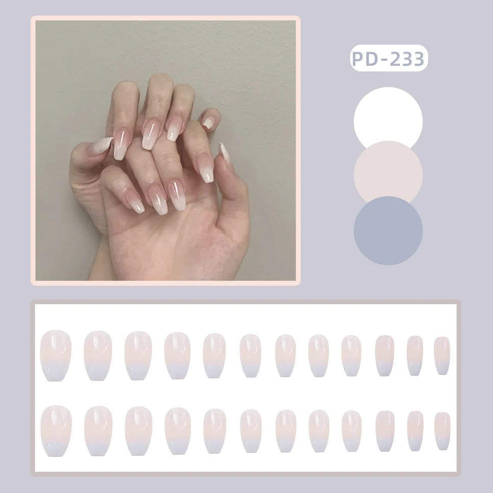 24Ps Medium Length Ballet White Gradient Fake Nails Acrylic Wearable False Nails Art Full Coverage Waterproof Press on Nail Tips