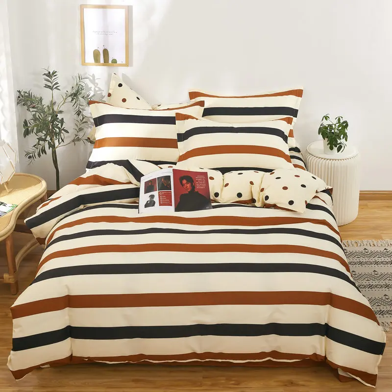 Khaki Black Striped Duvet Cover Set Beige 100% Cotton Bedding Set, Reversible Dots Pattern Comforter Cover with Zipper Closure