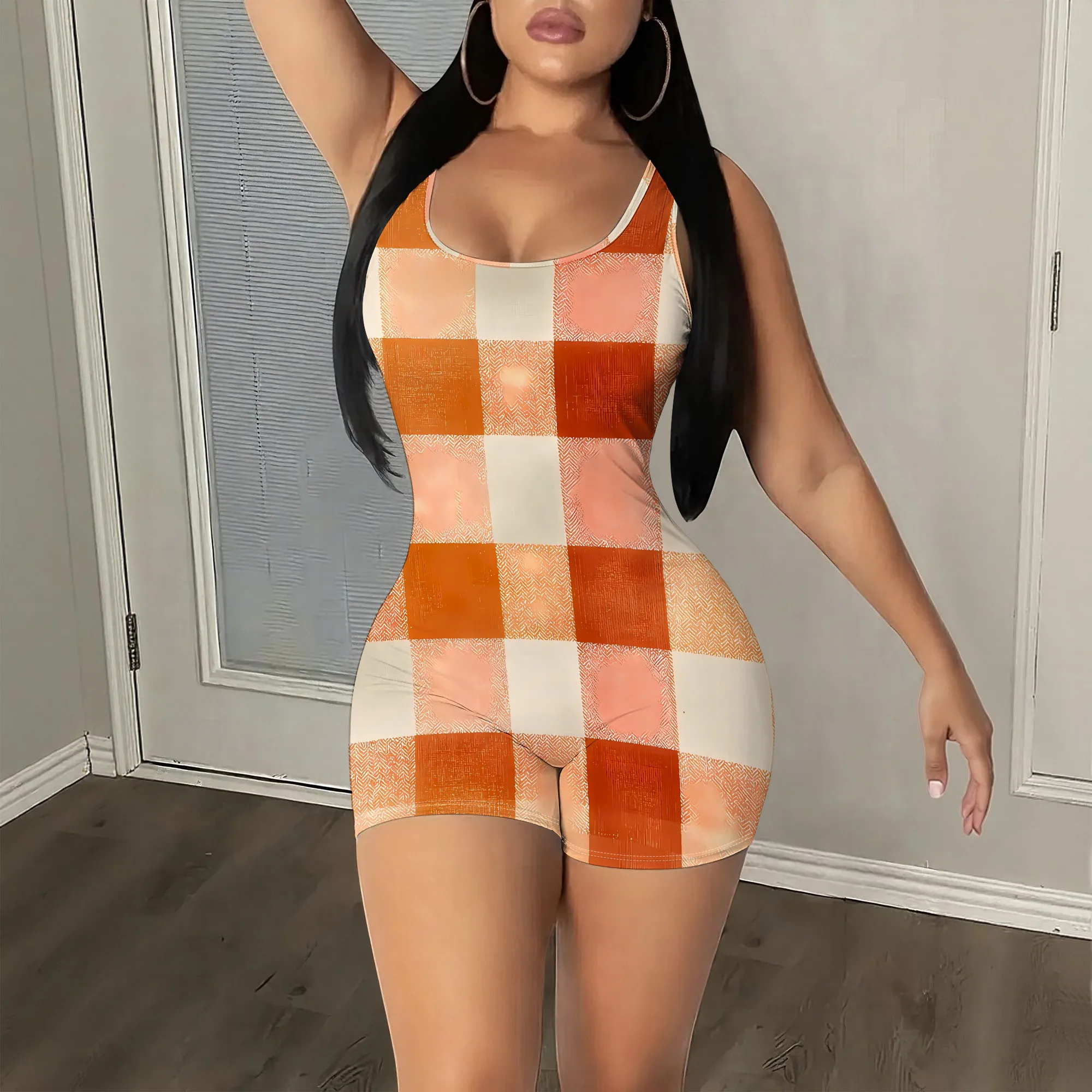 

Plaid Print, Sleeveless Romper, Orange Checkered Playsuit, Summer Bodycon Jumpsuit, Casual Party Wear, S-2XL