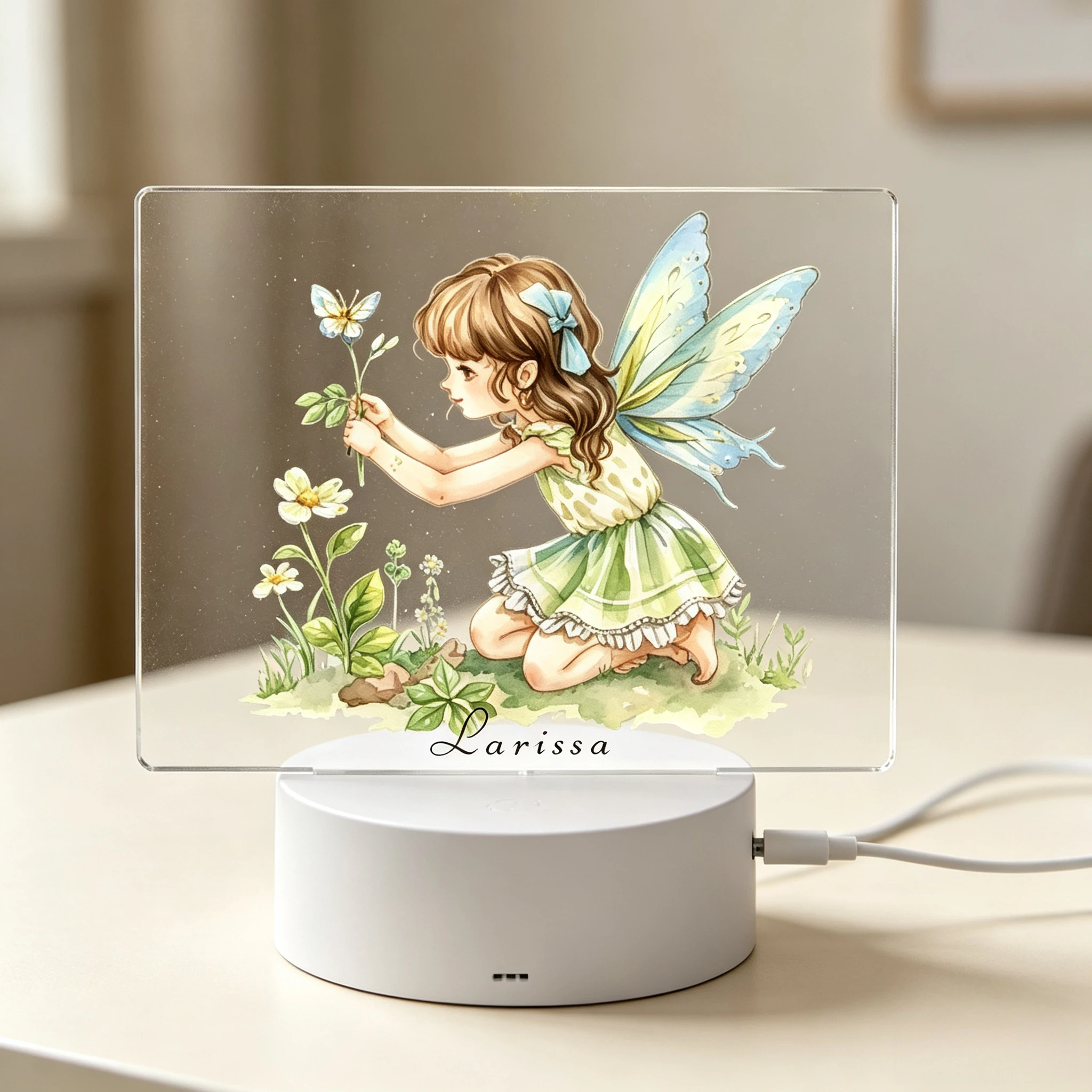 Custom Name Garden Elf Girl Table Lamp Girls Bedroom Bedside Gift,Watercolor Butterfly Fairy Acrylic Nightlight Customized Name Desk Lamp