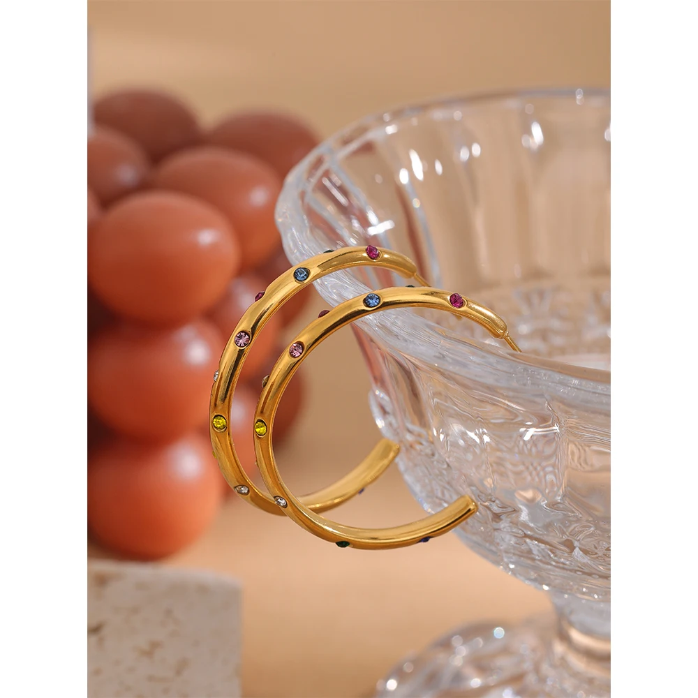 Yhpup Stainless Steel Round Circle Big Hoop Earrings Delicate Cubic Zirconia Fashion PVD-18k-Plated Geometric Golden Earrings