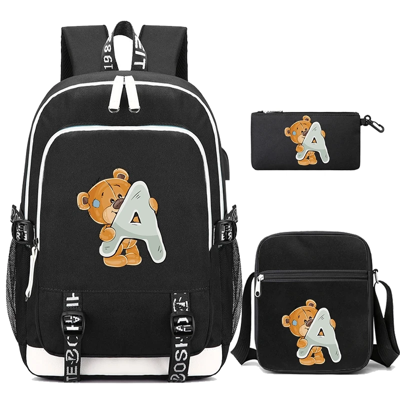 

3Pcs/set Little Bear 26 English Letters Student Boy Girl Schoolbag Backpack Children Teenager Cartoon Bagpack School Bag