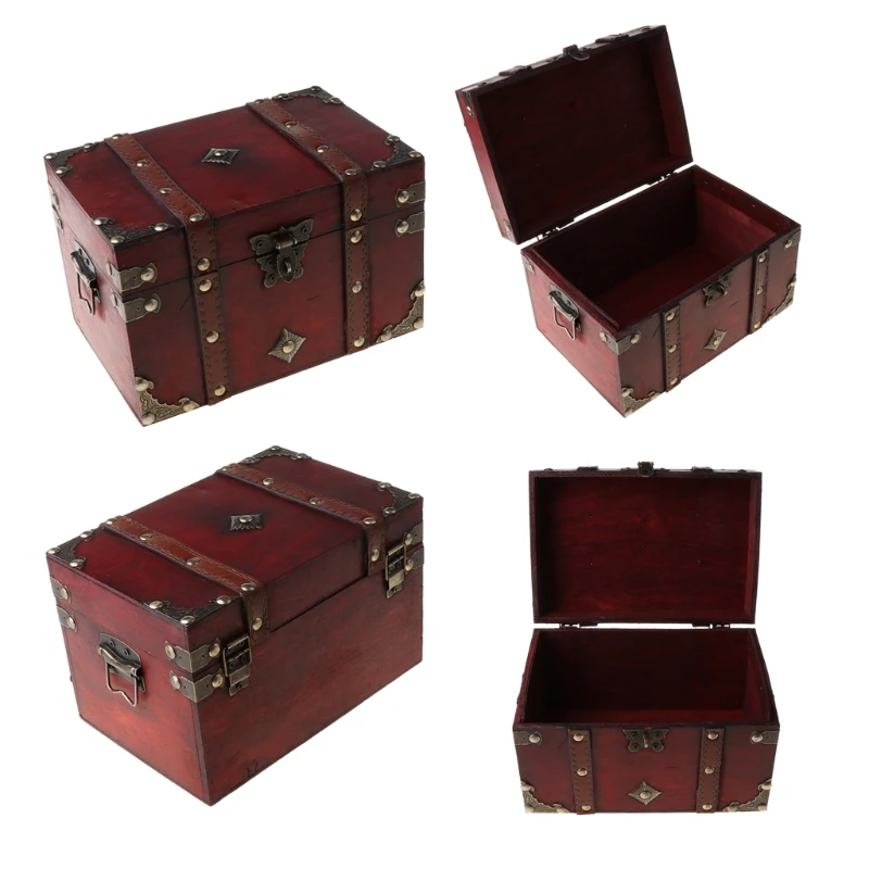 Pirate Treasure Chest with Lock Wooden Pirate Vintage Treasure Box Antique Color Jewelry Coin Storage Box Gifts For Children