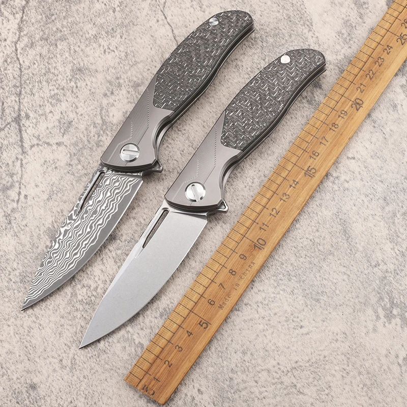 

New Damascus Steel Titanium Alloy+Carbon Fiber Handle Camping Outdoor Fruit Survival Fishing Hunting EDC Tool Knife