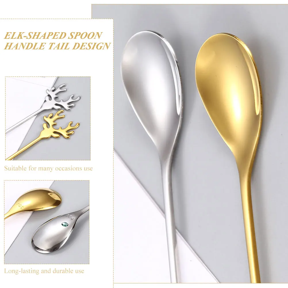 

4Pcs Coffee Spoons Long Handle Elk Design Stirring Spoon for Tea Juice Yogurt Muffins Holiday Gift Gold Stainless Steel