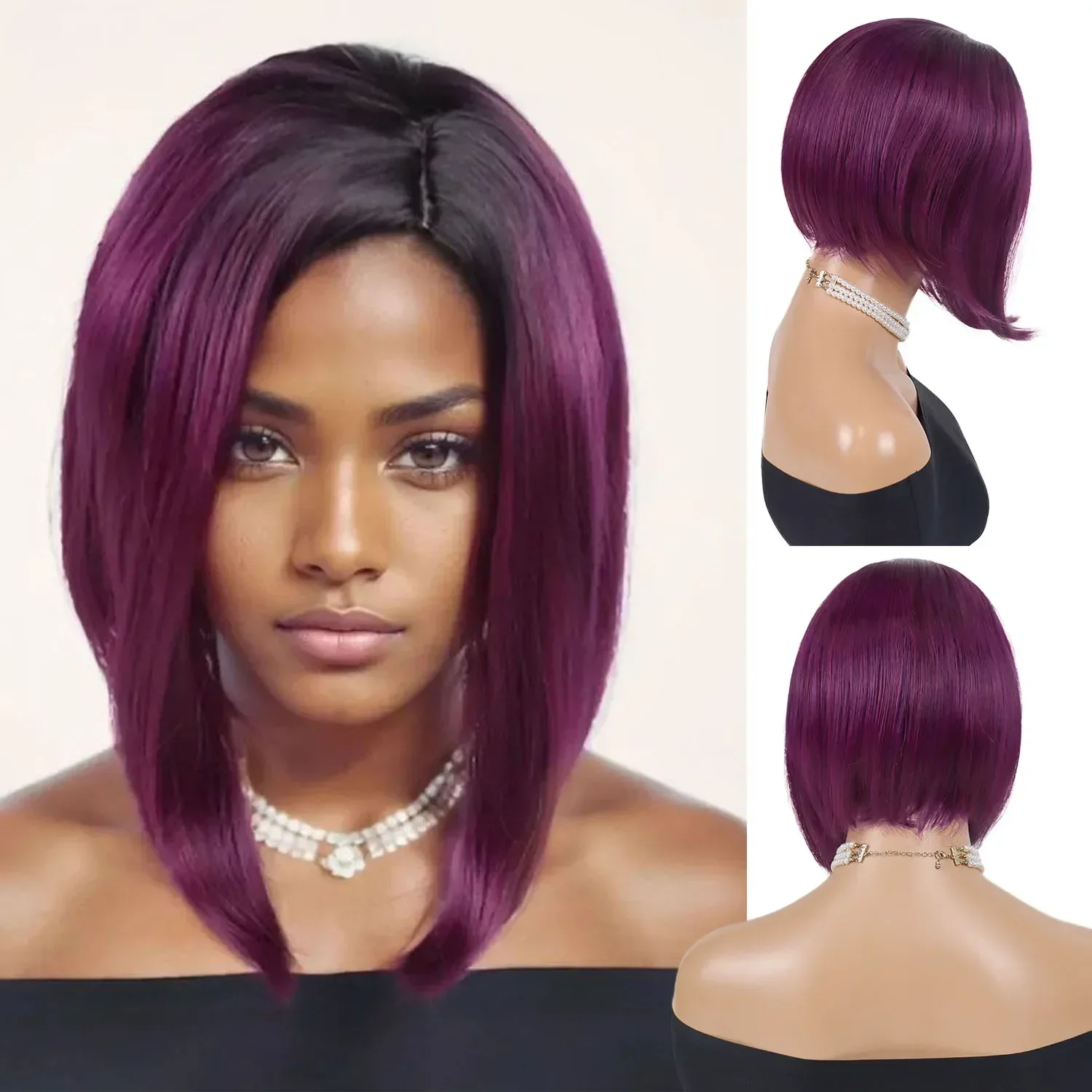 Perucas sintéticas premium para mulheres, peruca roxa com raízes pretas, peruca curta de Bob, franja lateral, peruca vermelha ombre, cabelo liso natural