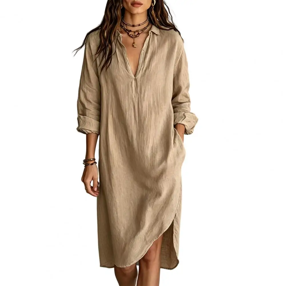 Women Casual Dress Women's Summer Midi Shirt Dress with Pockets Long Sleeve V Neck Casual Tunic Loose Lapel Beach Vacation