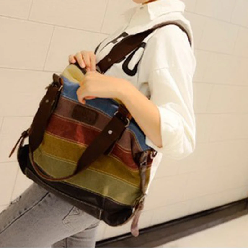 Canvas-Tragetaschen, gestreifte Damenhandtasche, Patchwork-Regenbogen-Umhängetasche, modische weibliche lässige Umhängetasche – Detail 8
