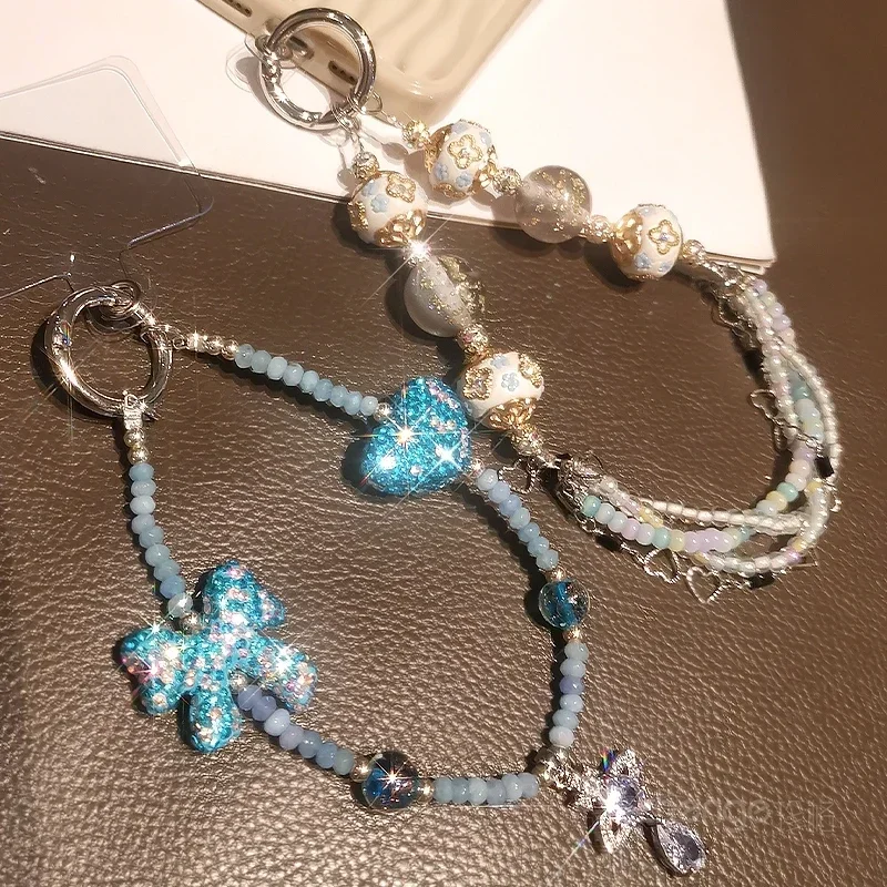 Mobile Phone Lanyard Crystal Beaded Mobile Phone Chain Shiny Rhinestone Chain Hand Beaded Full Diamond Butterfly Pendant Rope