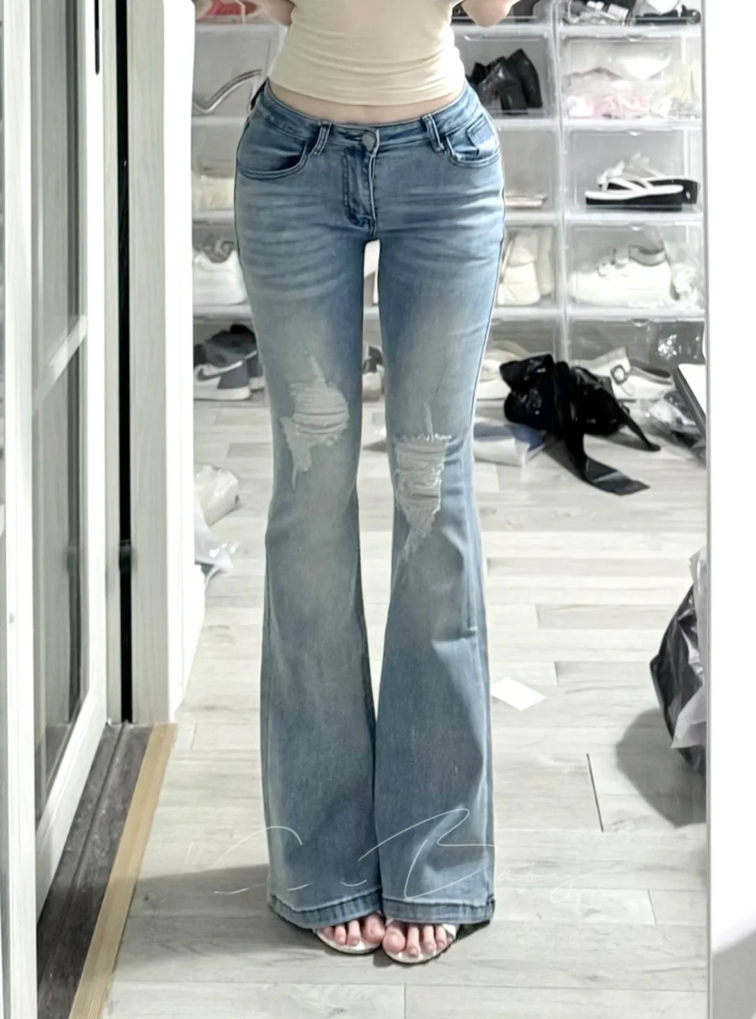 Low Waist Korean Style Guse Washed Bleached Denim Jeans Casual Wide Leg Pants with Butt Pad Cuffed Elastic Slimming Jeans