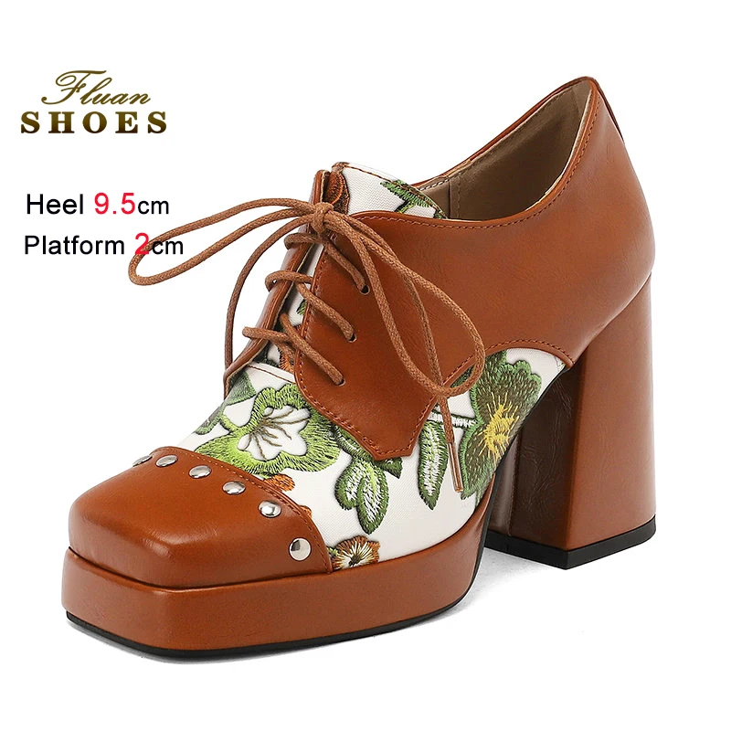 

Women's Lace-up Single Shoes Autumn New Thick High Heels Female 9.5CM Square Head Metal Rivet Fashion Comfortable Platform Pumps