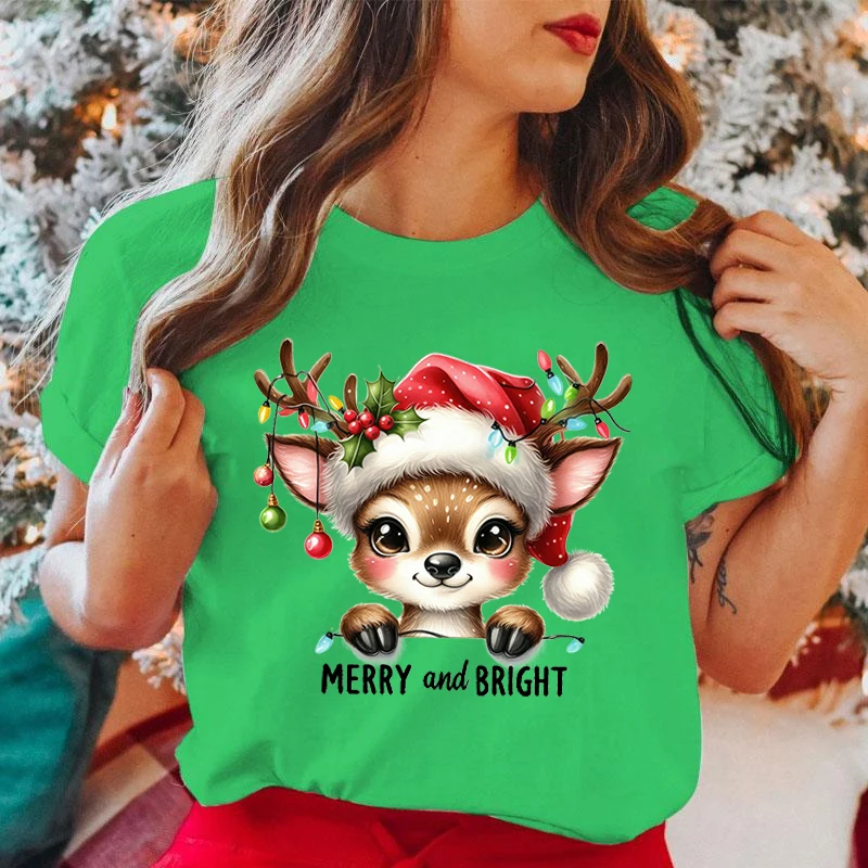 Kaus rusa Natal, atasan leher bulat lengan pendek kasual uniseks, kaus modis musim panas dan wanita, kaus rusa Natal