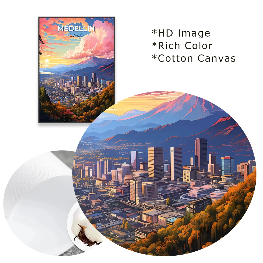 Travel Poster Colorful Medellin Colombia Skyline Oil Painting Print A City In The Mountains Landscape Canvas Painting Home Decor