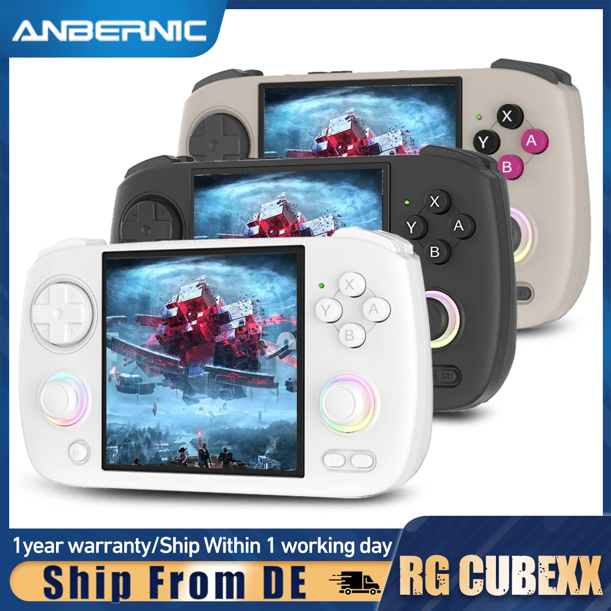 Console de jeux rétro ANBERNIC RG Cubexx, écran IPS de 3,95 pouces, 720*720, système Linux, 64 Go préinstallés, 5 000 jeux, batterie de 3 800 mAh, lecteur de jeux