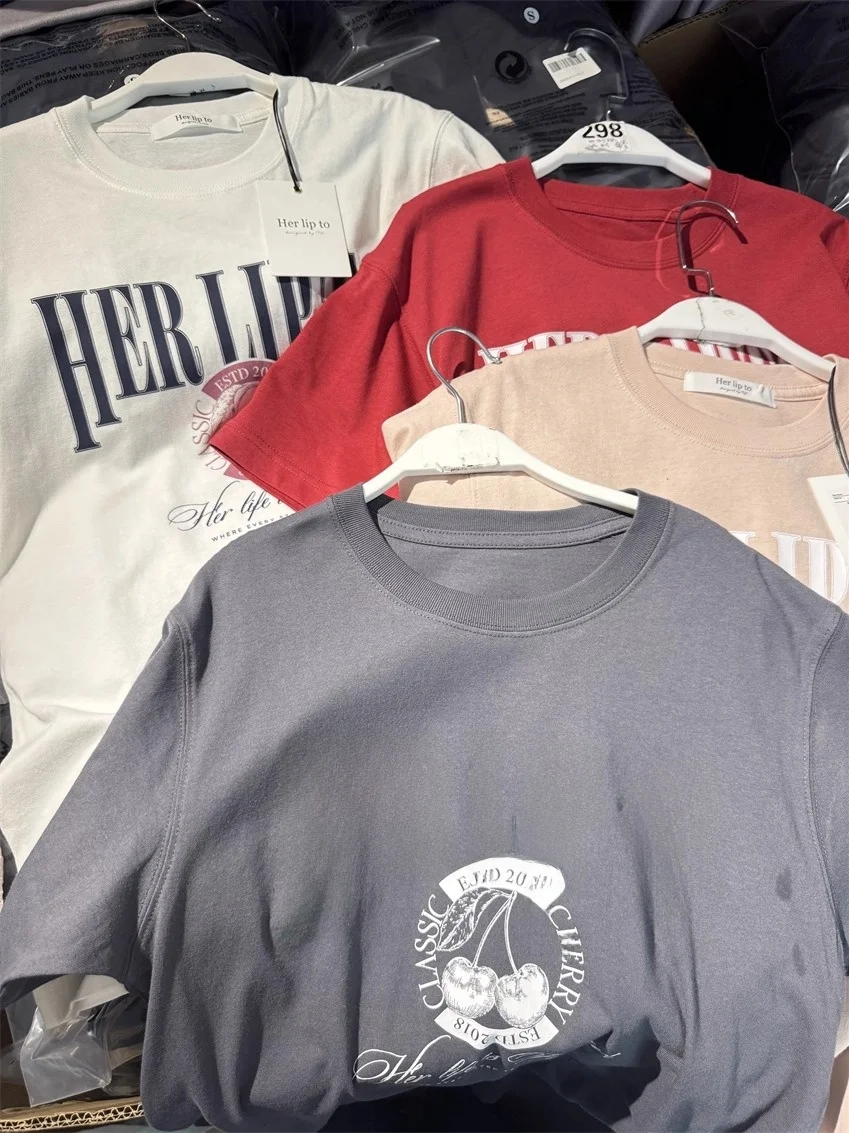 T-shirt imprimé cerise en édition limitée Or Sve Haut pour femme en pur coton Quatre couleurs disponibles Trajet Sle Taille haute A-Li...