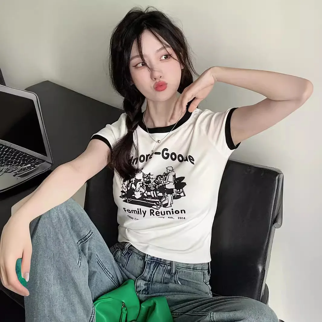 Wind Letter Print T-shirt Women's Summer Slim-fit Short Round Neck Short-sleeved Top