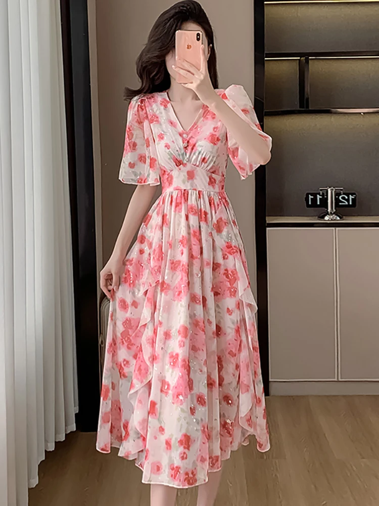 Summer Pink Floral Chiffon Bright Silk Casual Long Dress Women Elegant Luxury Ruffled Party Vestidos 2024 Korean Bodycon Dresses