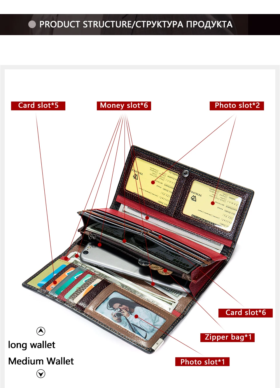 Pildil on lahtine lehmanahast rahakott, mis on pruunikaspunases toonis ning sisaldab mitmeid pangakaardi ja fotosahtleid. Taust on valge, rõhutades rahakoti sisemist struktuuri ja mahutatavust.