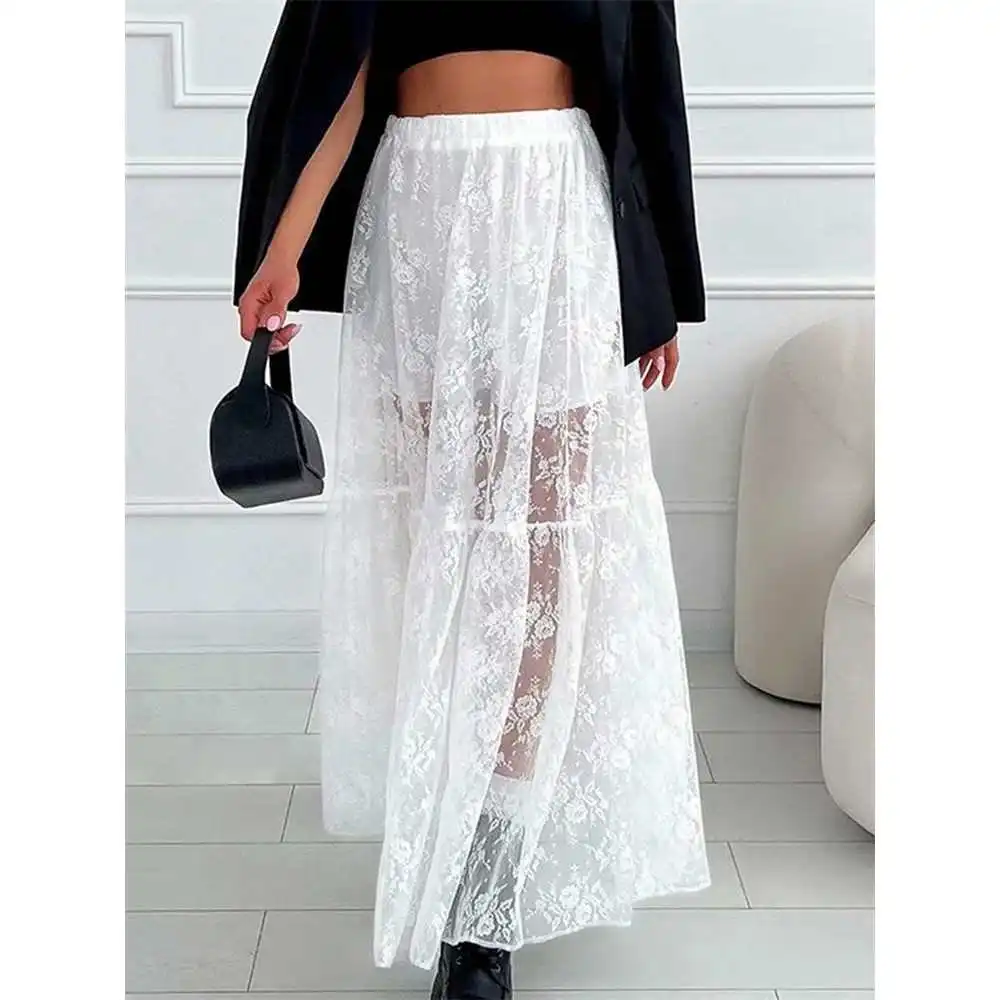 

Кружевная повседневная юбка с высокой талией, женская уличная длинная юбка трапециевидной формы, хлопковый материал, дизайн с узлом, подставка