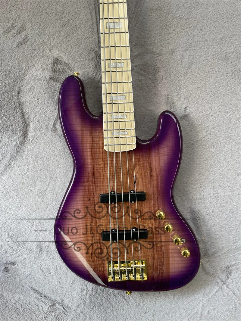 Purple Bass Guitar with Fixed Bridge, Burl Maple Top, Maple Fingerboard, White Pearl Inlay, 5 Strings，gold hardware