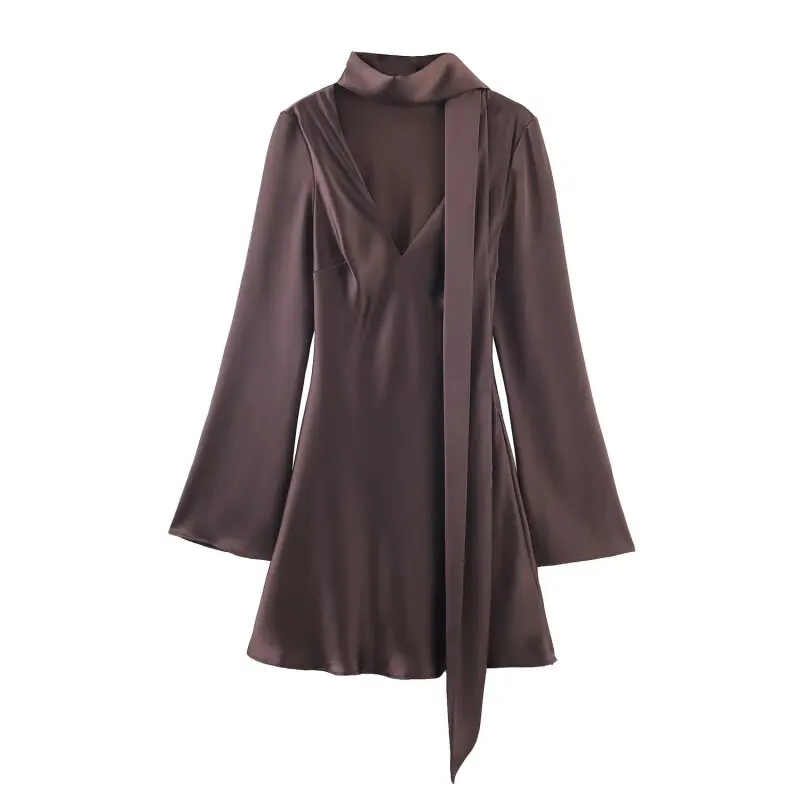 브이넥 실크 새틴 텍스처 드레스 여성 긴 소매 패셔너블 스트리트웨어 가을 솔리드 우아한 여성 의류 드레스 스카프 매치