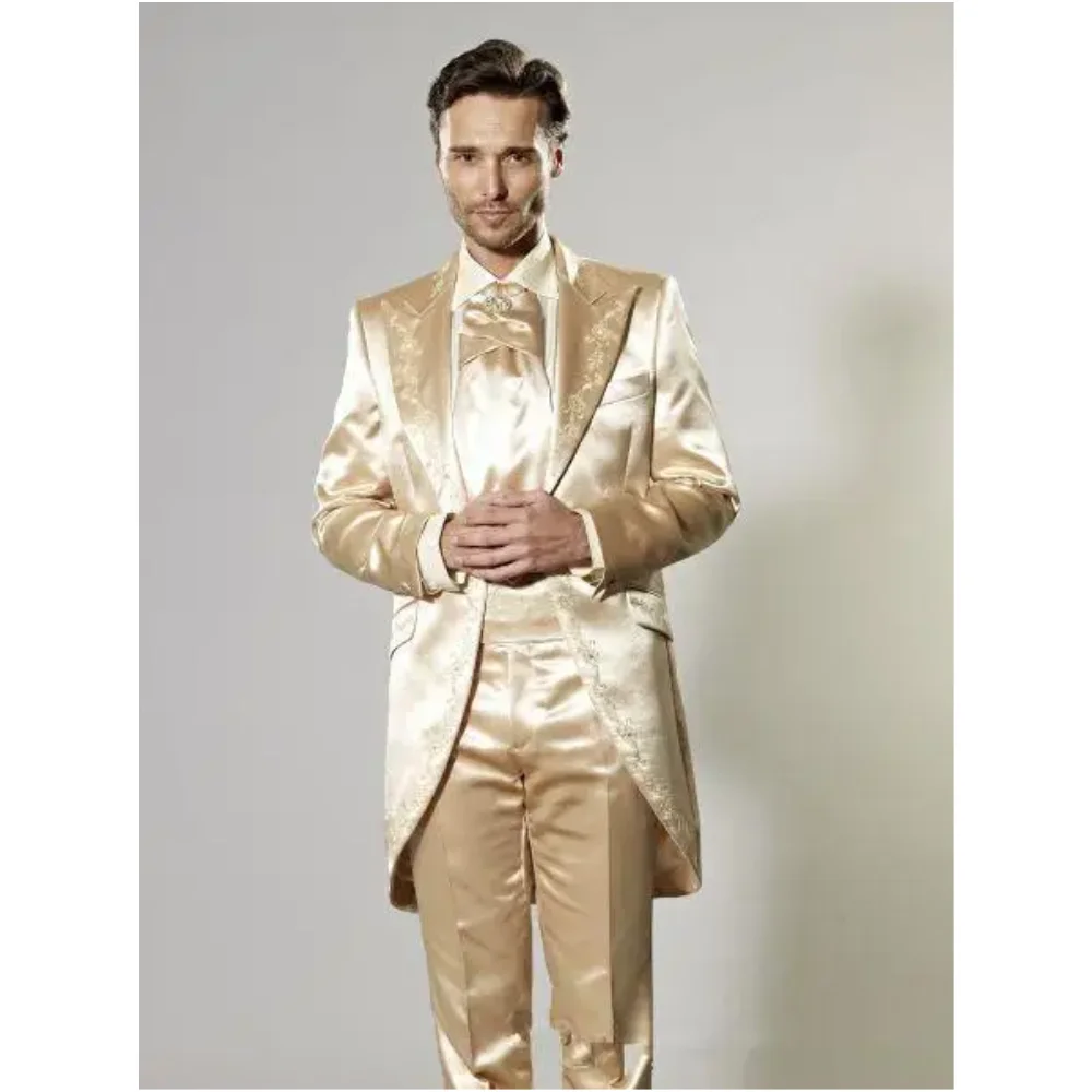 

Latest Coat Pant Design Italian Gold Embroidery Satin Men Suit Slim Fit Tuxedo 2 Piece Blazers Custom Groom Prom Terno Masculino