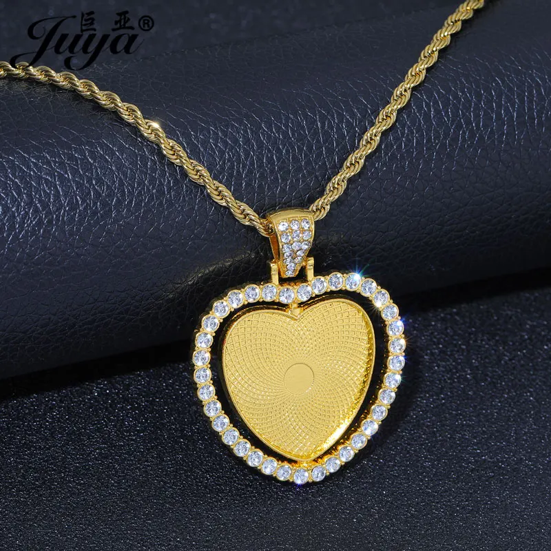 Rotatable Double Sided 25mm Heart Cabochon Pendant Base Blank Tray With 60cm Stainless Steel Chain For DIY Jewelry Making