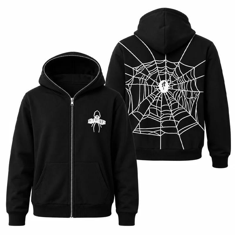 Graphic Hoodie Streetwear - ユニセックス スパイダーウェブ ジップアップ フーディー グラフィックプリント 長袖