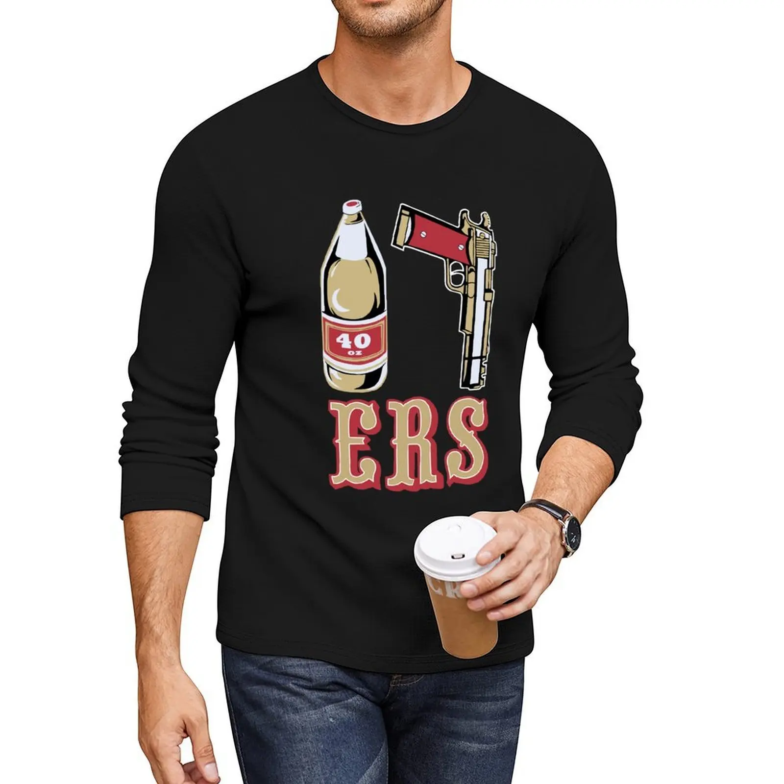 

Cool Mens Black 49ers 40 OZ 9MM Gold Gun Long T-Shirt graphics t shirt anime plain t-shirt black t-shirts for men