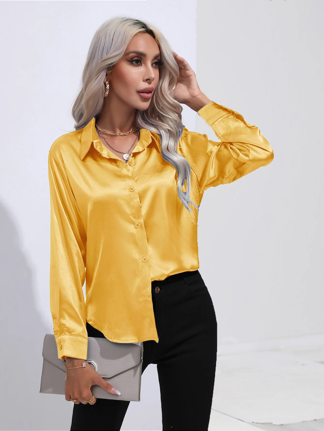 Spring Satin Shirt Women Loose Button Up Blouse Shirt Ladies Imitation Silk Long Sleeve Shirt For Women