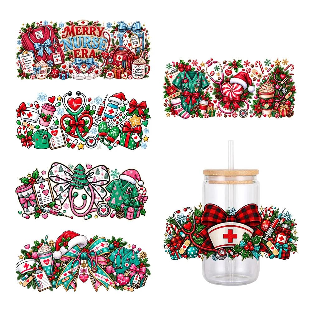 11x24cm Merry Christmas Medical Nurse Santa UV DTF Wraps Sticker DIY For 16oz Glass Cup Waterproof Decals Phone Case Sticker