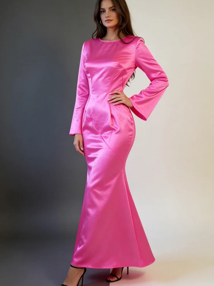 Satin-Meerjungfrauenkleid für Damen, langes Abendkleid mit ausgestellten Ärmeln, Rückenfreies, figurbetontes, formelles Maxikleid für Hochzeitsgäste und Partys – Detail 1