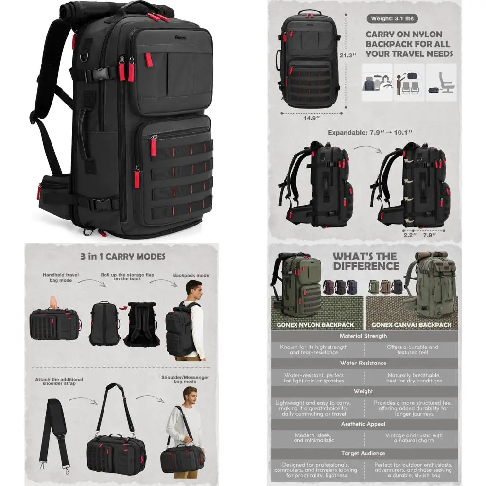 حقيبة ظهر للسفر 3 في 1 قابلة للتحويل، حقيبة كبيرة من النايلون، حقيبة كمبيوتر محمول للرجال والنساء، حقيبة حمل متينة للعمل وعطلات نهاية الأسبوع #1